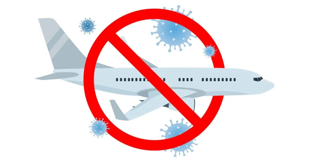 Vector illustration of forbidden sign, airplane and coronavirus 2019-ncov icon isolated on white background. Flight cancelled icon, Pandemic Novel coronavirus disease. Impact of Coronavirus COVID-19.