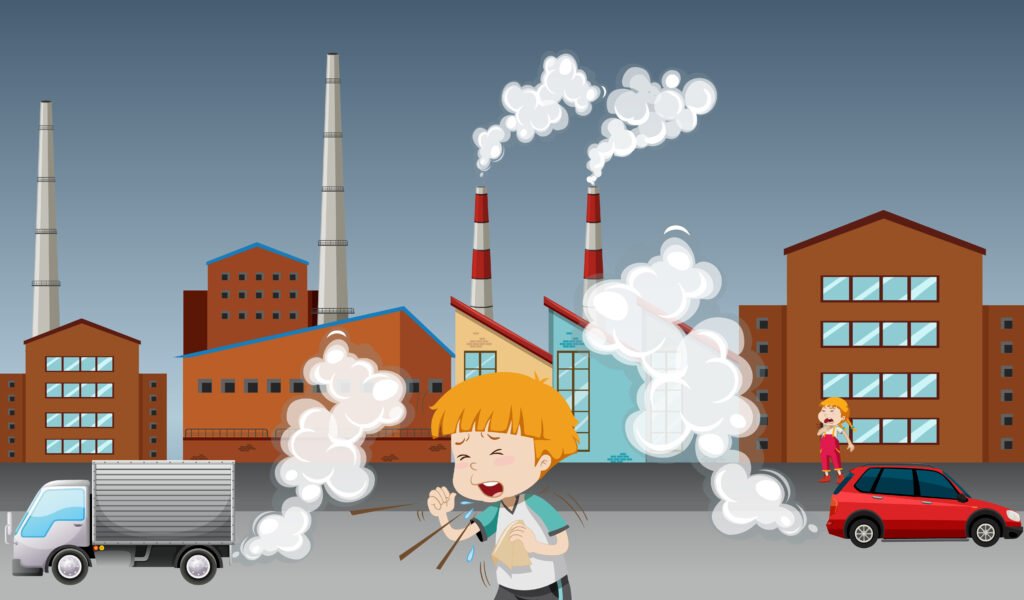 Global warming poster with kid and factory